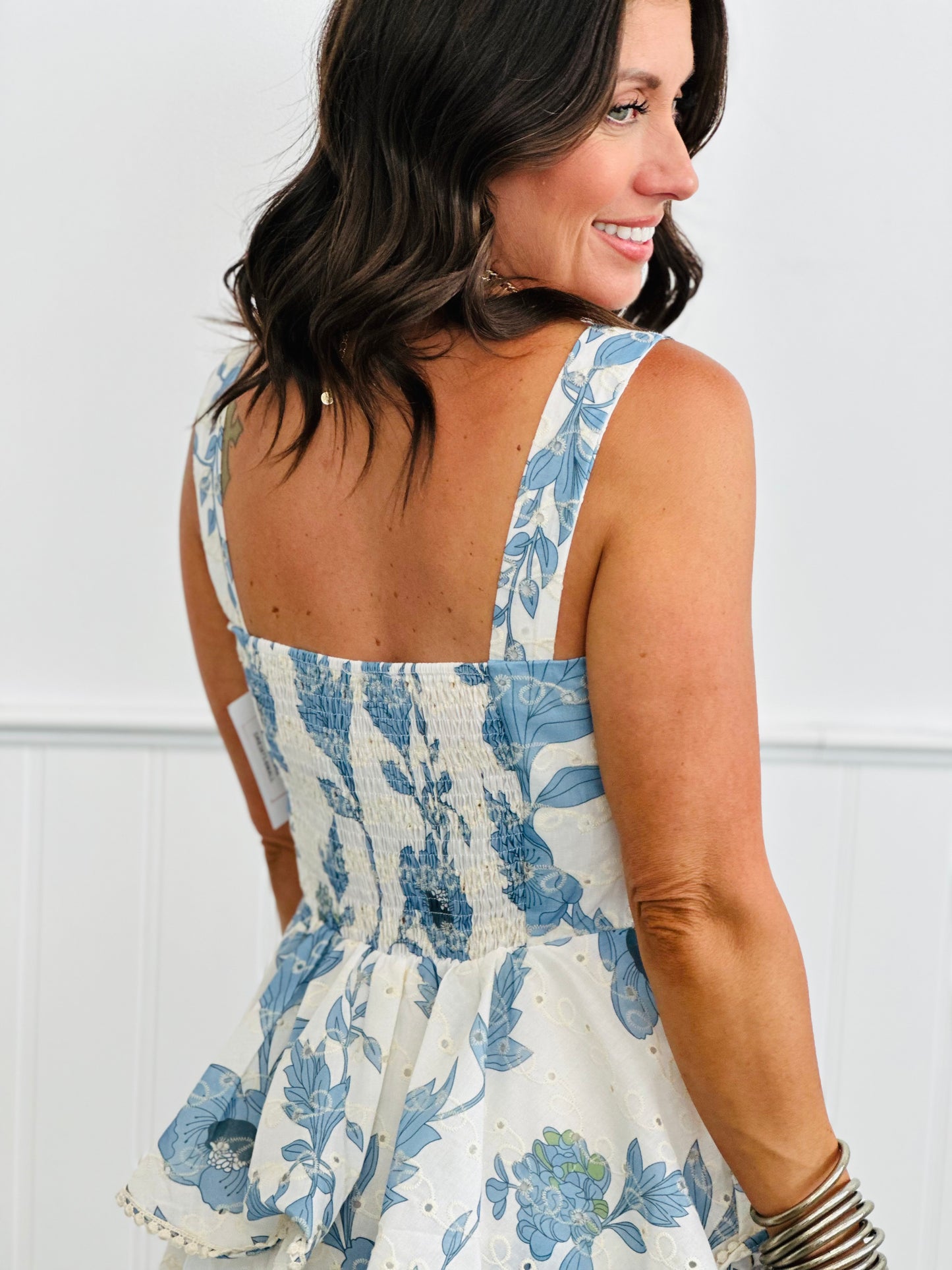 Blue Floral Eyelet Ruffled Midi Dress (Reg & Plus)