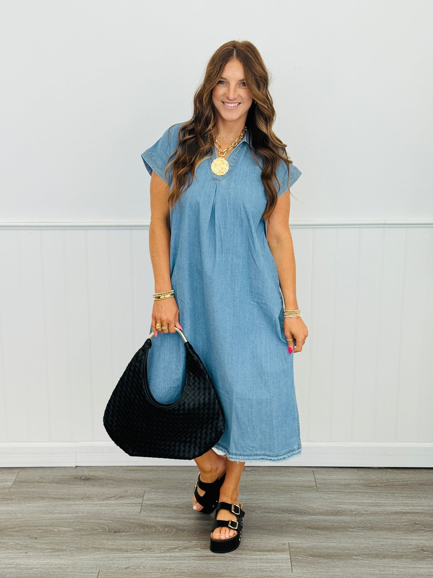 Lt. Denim V-Neck Side Slits Midi Dress (Reg.)