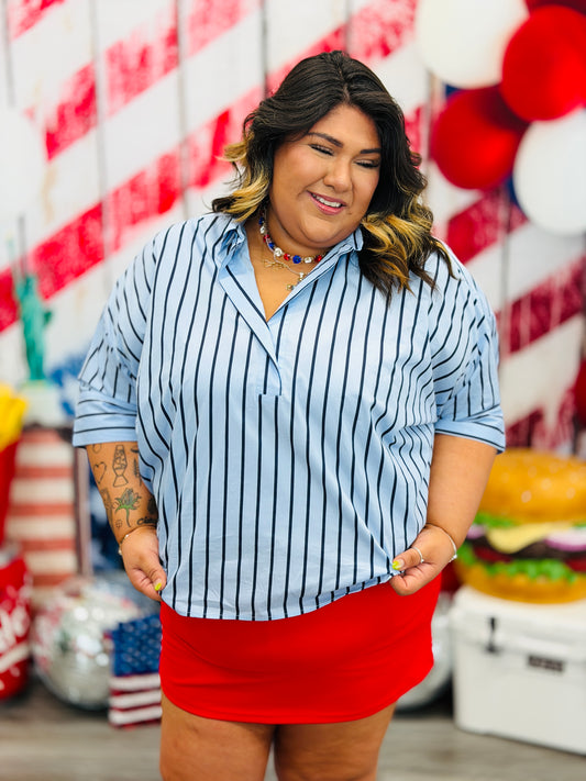 Blue Striped Button Down Chic Blouse (Reg. and Plus)