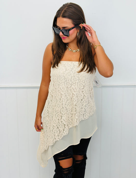 Beige Floral Lace Asymmetrical Blouse (Reg.)