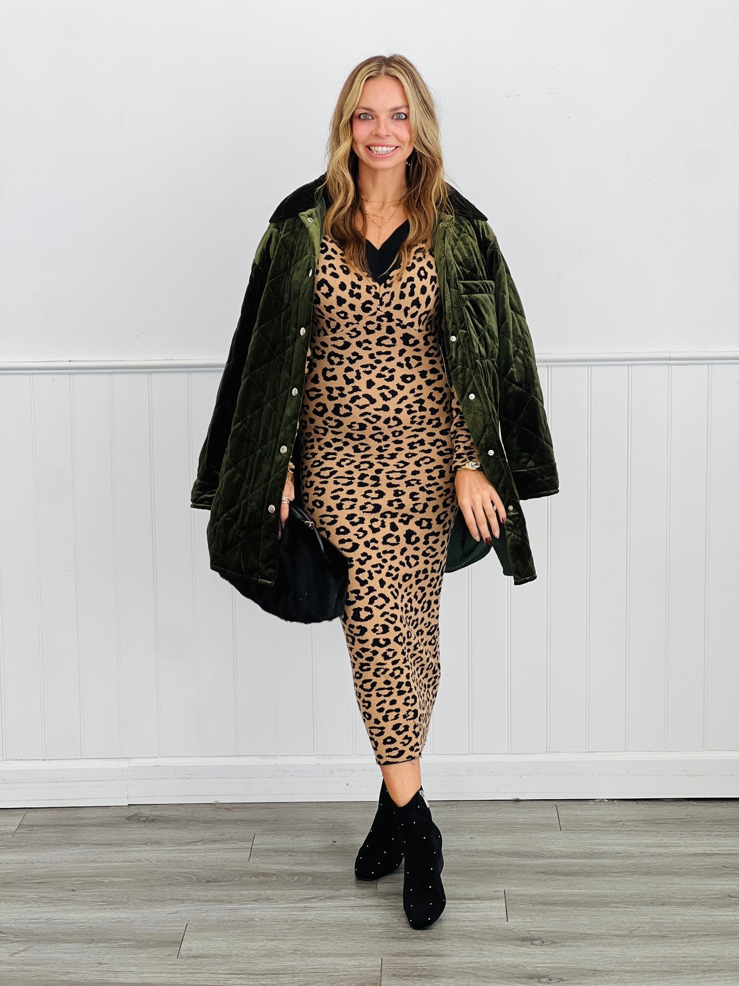 Leopard Print V-Neckline Sweater Dress (Reg.)