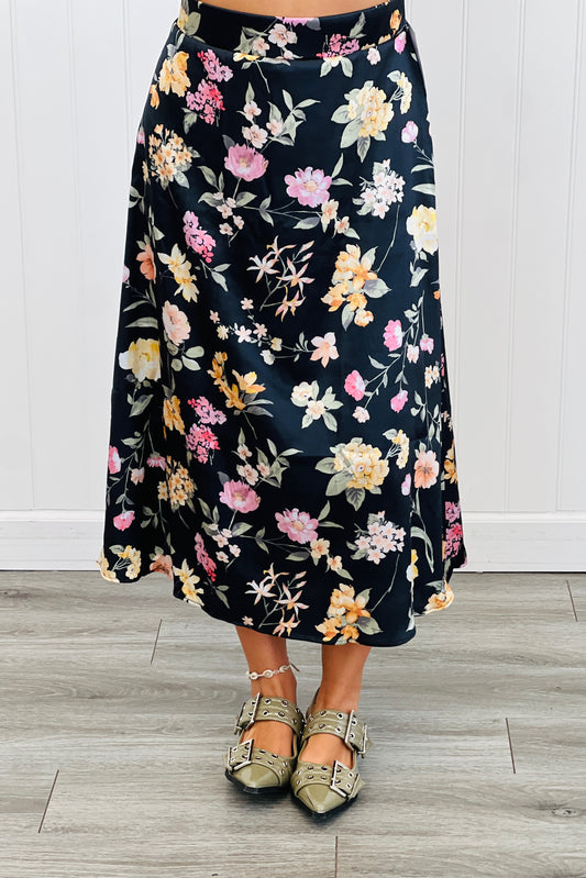 Black/Yellow Floral Satin Midi Skirt (Reg. and Plus)