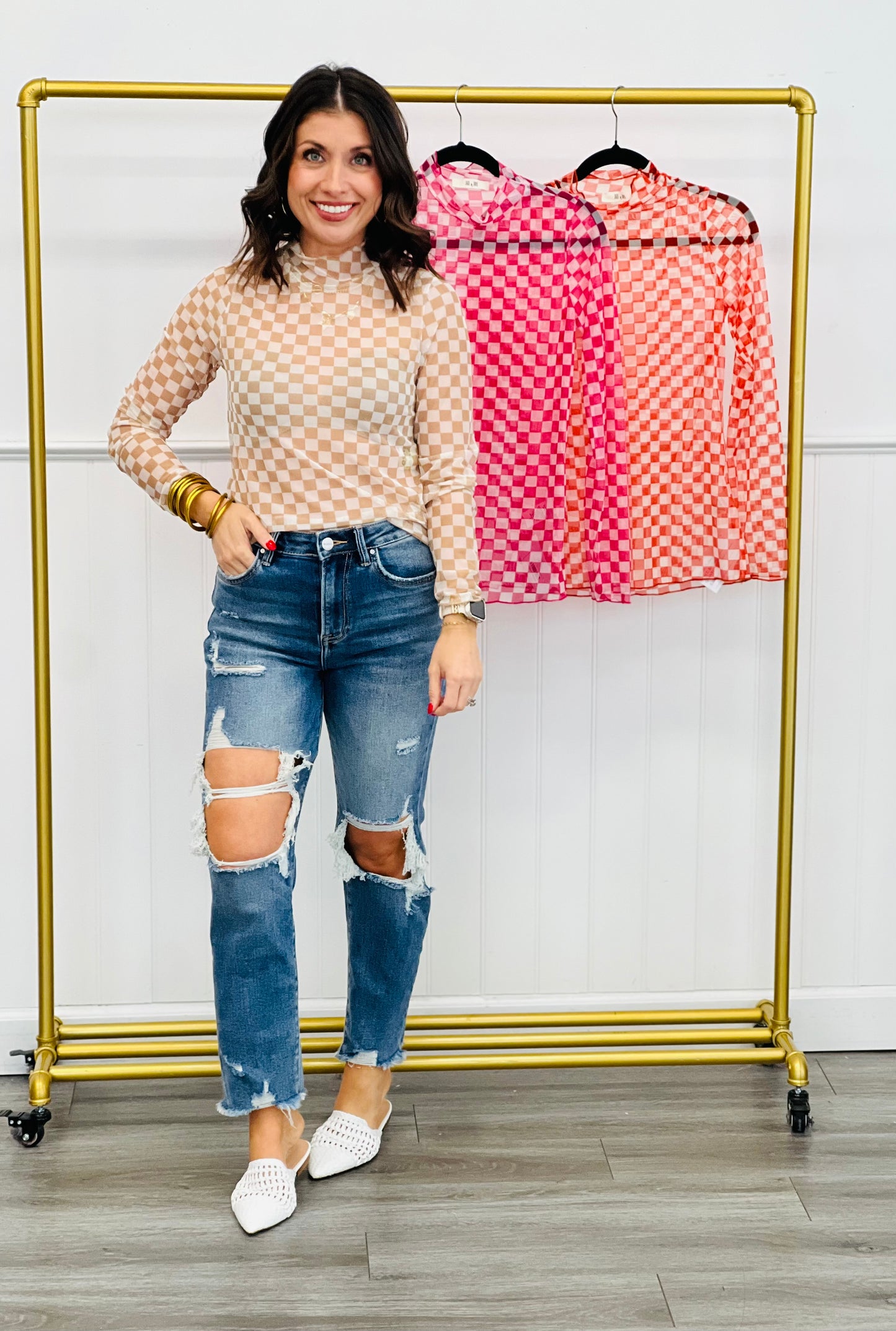 Checkered Mock Neck Mesh Top (Reg & Plus)-3 Colors