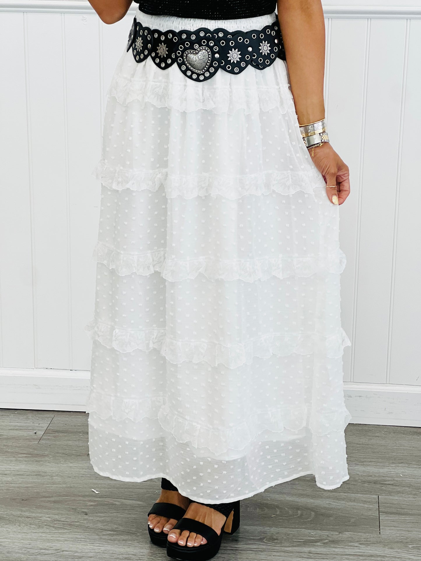 White Swiss Dot Chiffon Maxi Skirt (Reg & Plus)