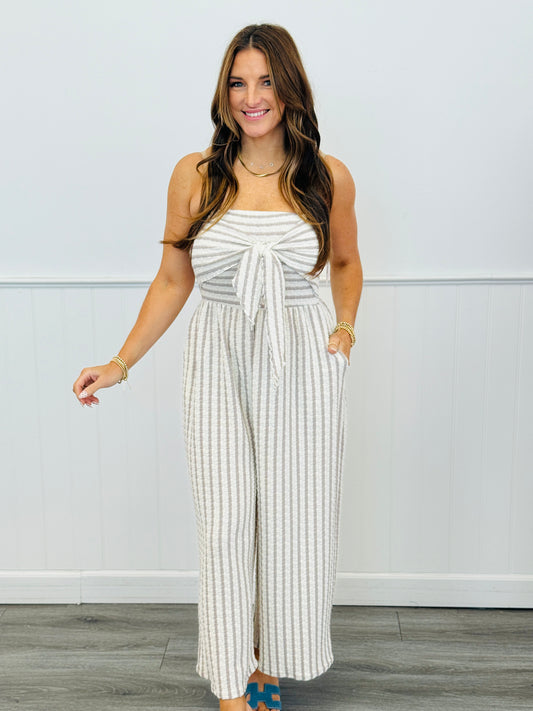 White/Taupe Stripe Neck Tie Jumpsuit (Reg.)