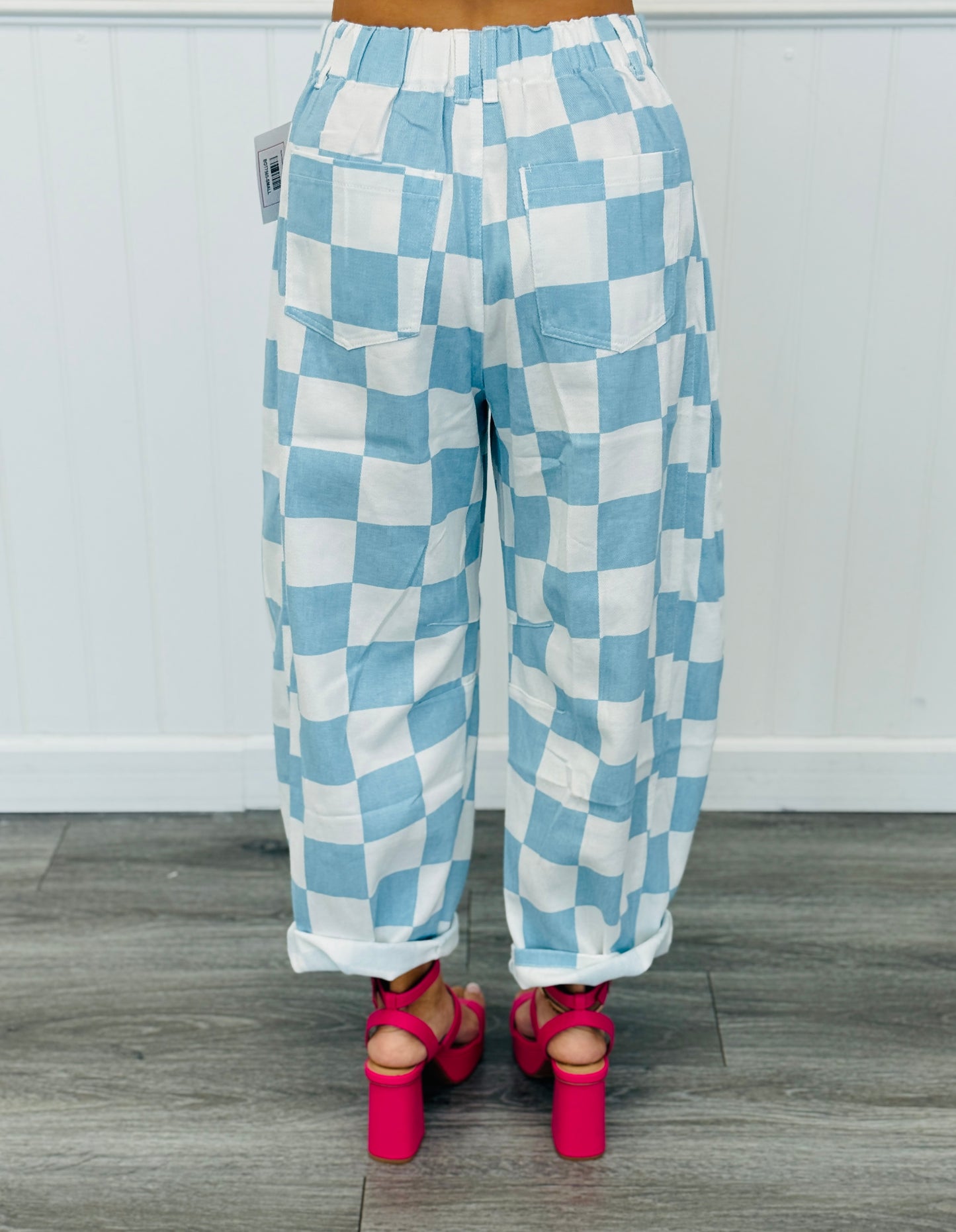 Sky Blue Checkered Print Barrel Pants (Reg & Plus)