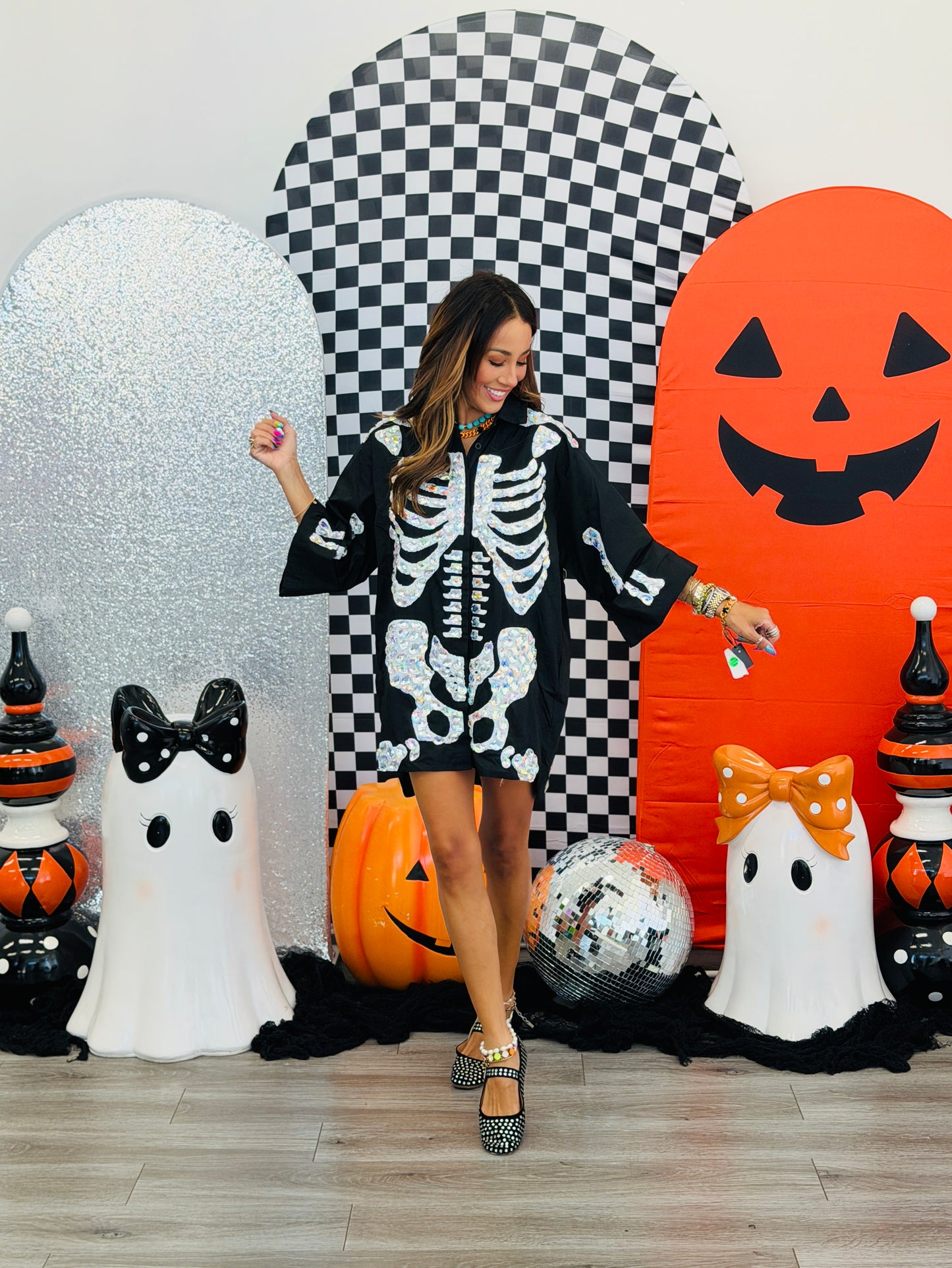 Queen Of Sparkles Black Iridescent Jeweled Skeleton Tunic Top (Reg. and Plus)
