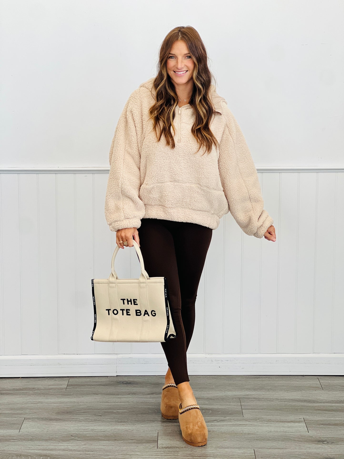 Taupe Sherpa Quarter Zip Hoodie Top (Reg.)