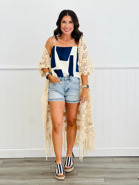 POL Natural Attraction Fringed Floral Crochet Cardigan (Reg.)