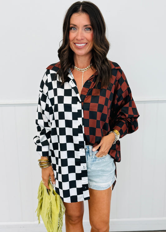Mocha/Black Split Decision Checkered Blouse (Reg. and Plus)