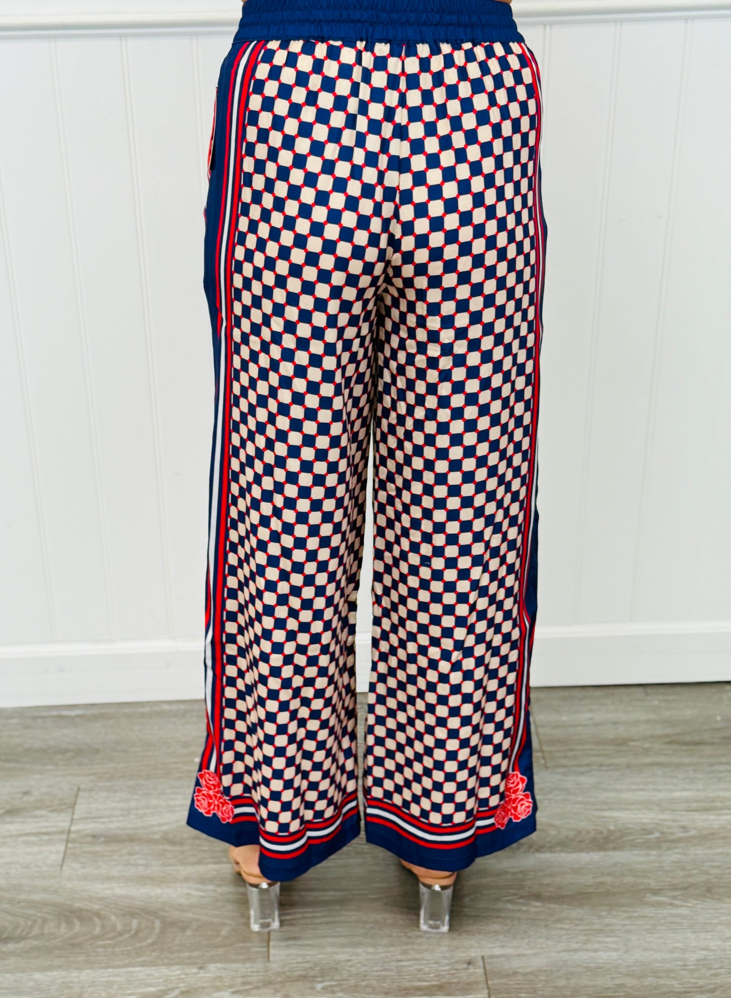 Navy Multi Square Pattern Satin Pants (Reg.)