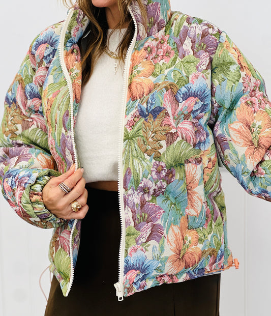 Floral Jacquard Puffer Jacket (Reg & Plus)