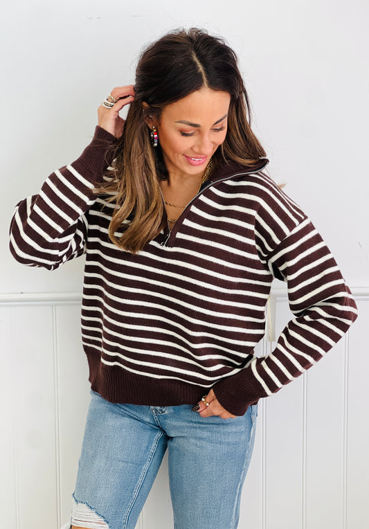 Brown Striped Quarter Zip Sweater Top (Reg.)