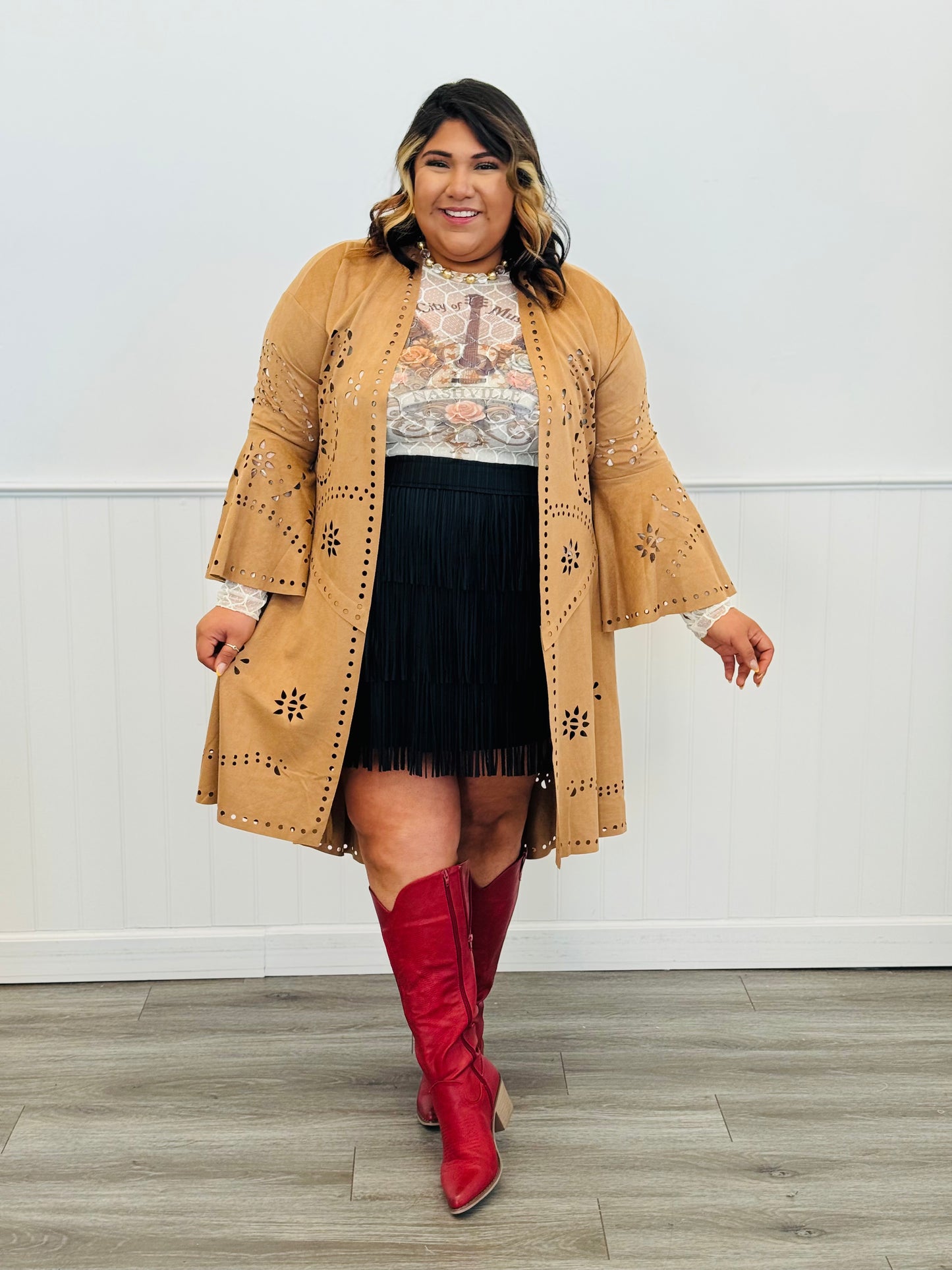 Camel Faux Suede Open Front Cardigan (Reg. and Plus)