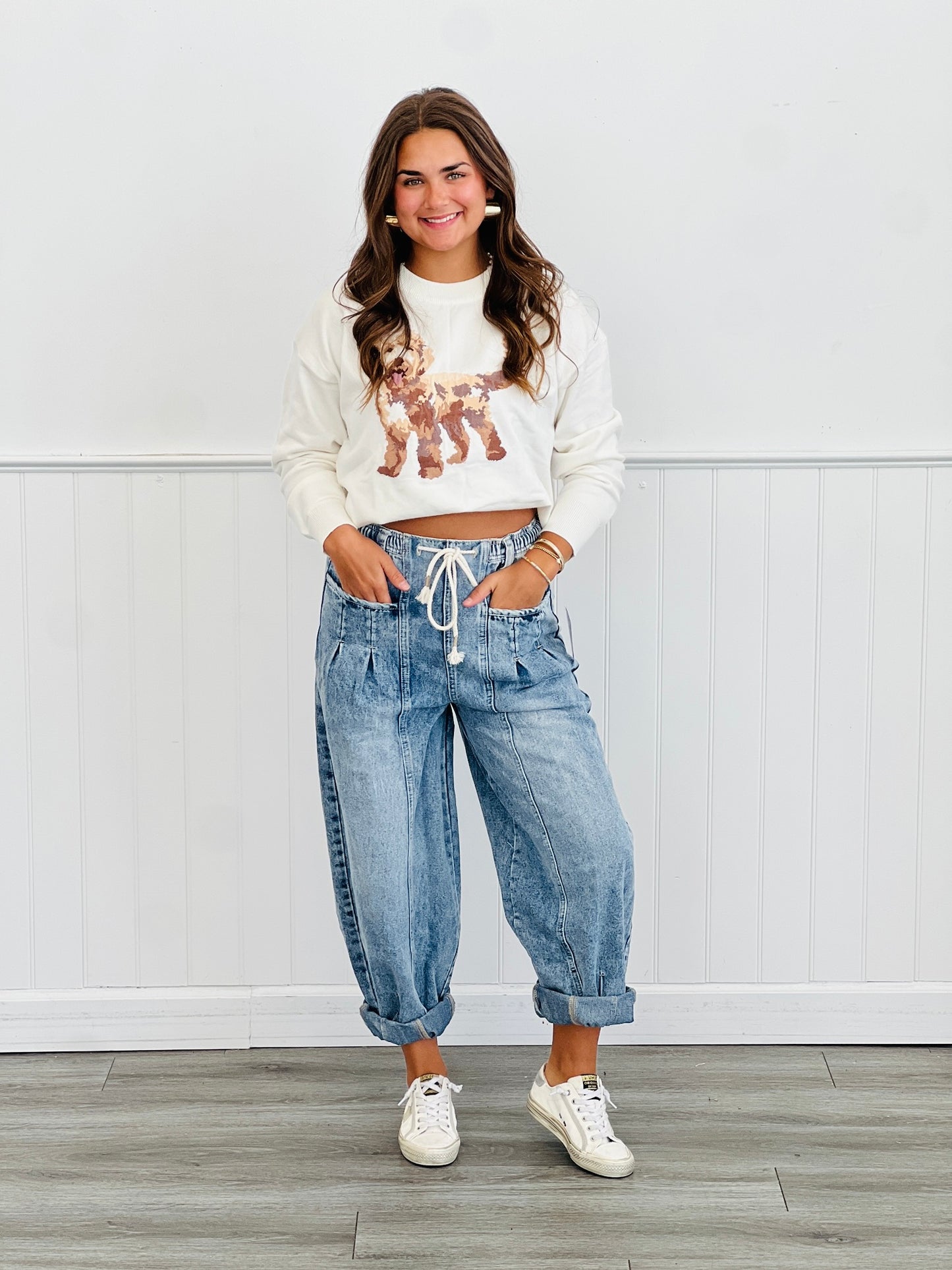 Washed Denim Pleated Pockets Barrel Jeans (Reg.)-2 Colors