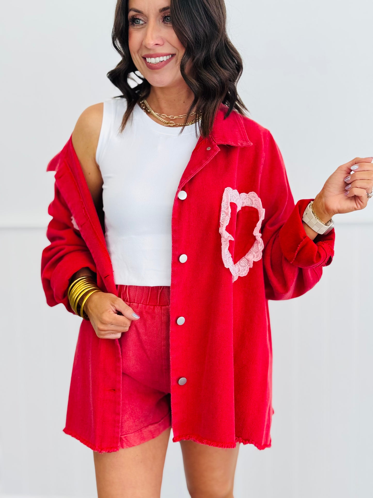 Red Lace Ruffle Hearts Pocket Shacket ( Reg. & Plus)