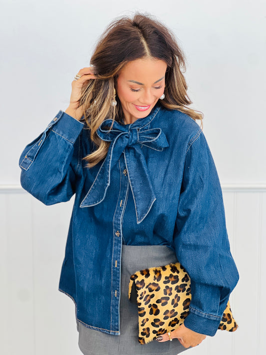Dark Denim Bow Tie Button Up Top (Reg.)