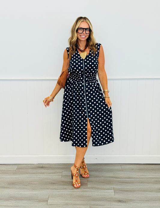 Navy Polka Dot Midi Dress (Reg. and Plus)