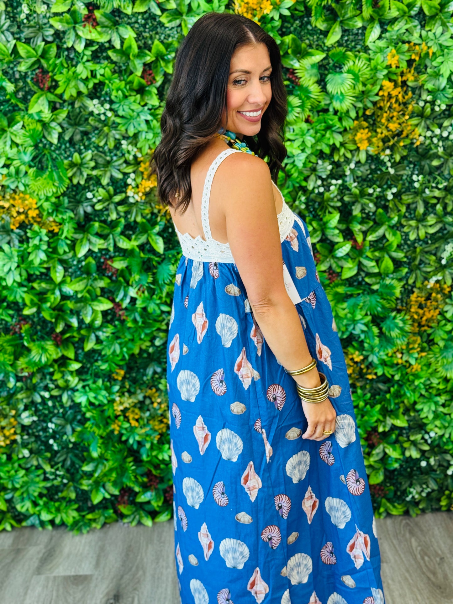 Royal Seashell Print Eyelet Lace Trim Maxi Dress (Reg.)
