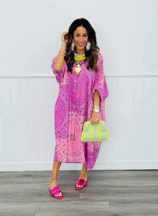 POL Pink Multi Floral & Contrast Stripe Midi Dress (OS)