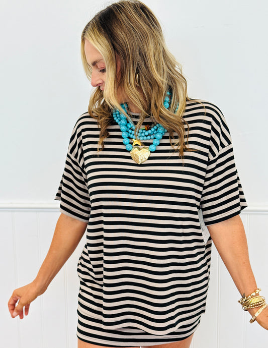 Black/Taupe Striped Lyocell Tee Top (Reg.)