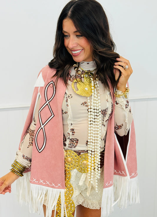 Pink Fringe Detail Open Cape Jacket (Reg.)