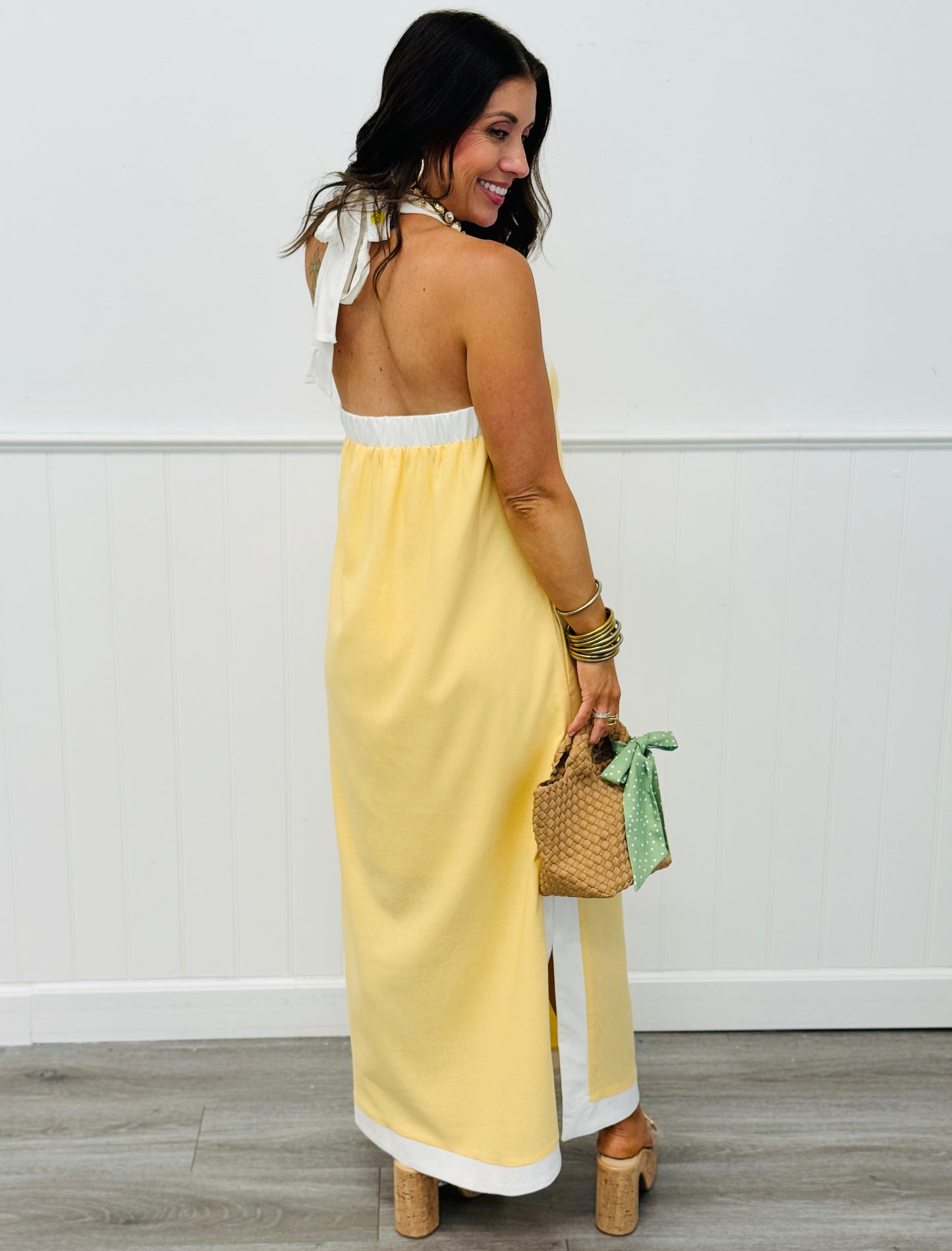 Lemon Contrast Trim Halter Midi Dress (Reg.)