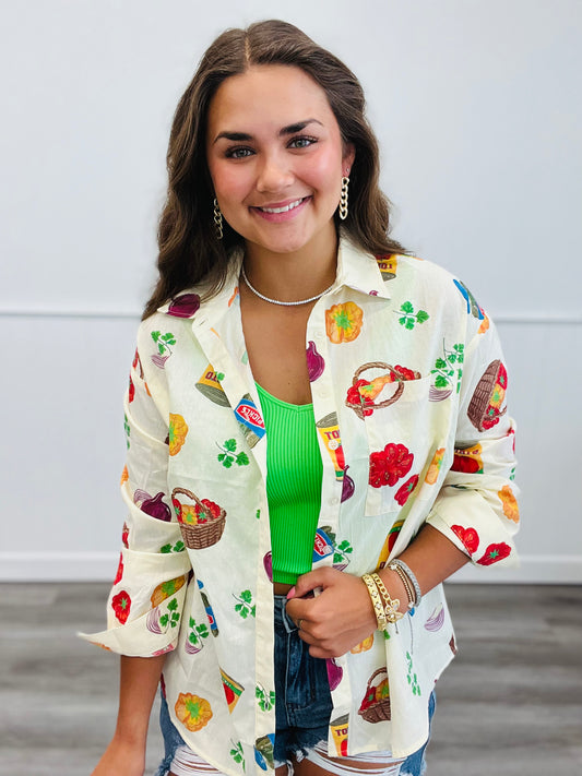 Cream Browsing The Aisles Button Down Top (Reg.)