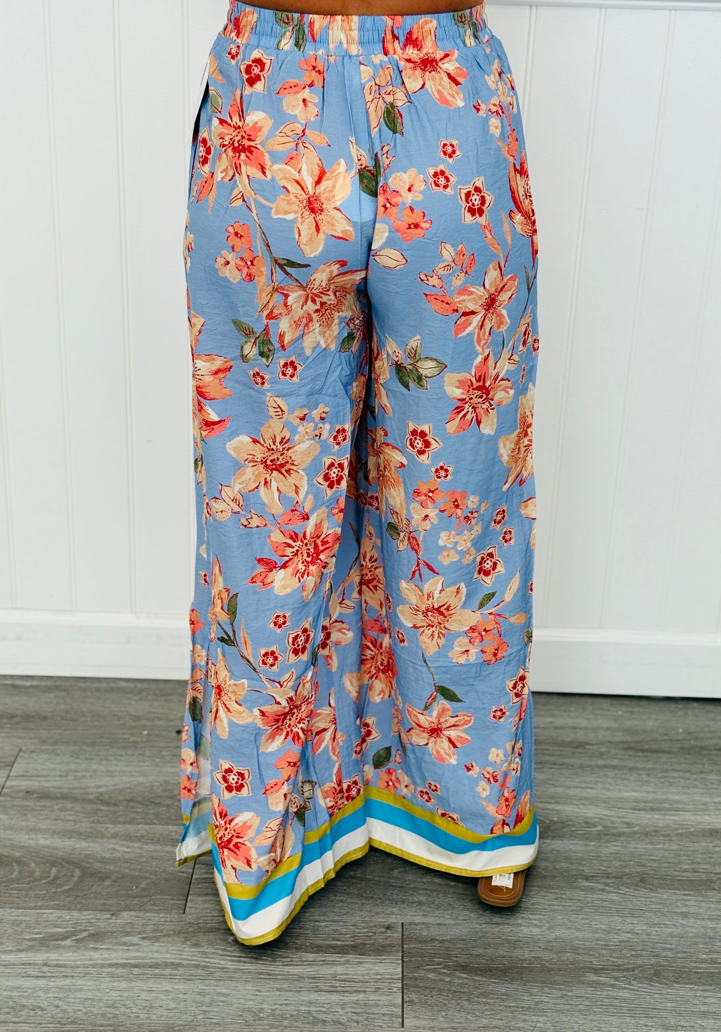 Lt. Blue Multi Floral Printed Wide Leg Pants (Reg. and Plus)