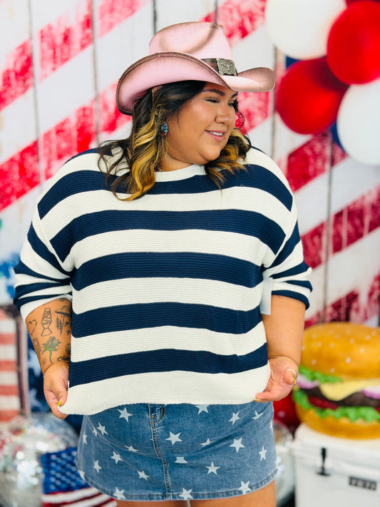 Navy Striped Light Knit Sweater (Reg. and Plus)