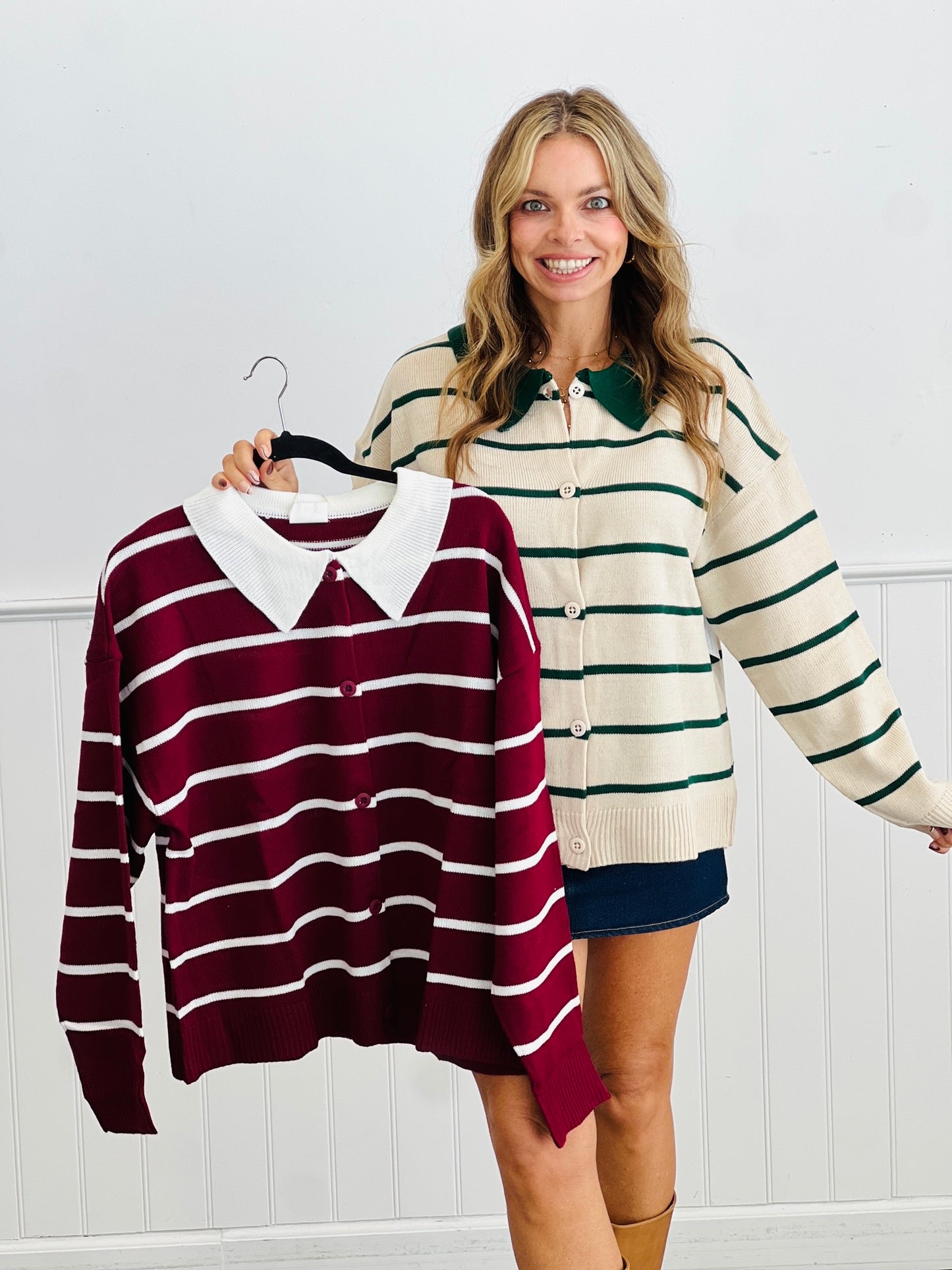 Contrast Collar Striped Sweater Cardigan (Reg.)-2 Colors