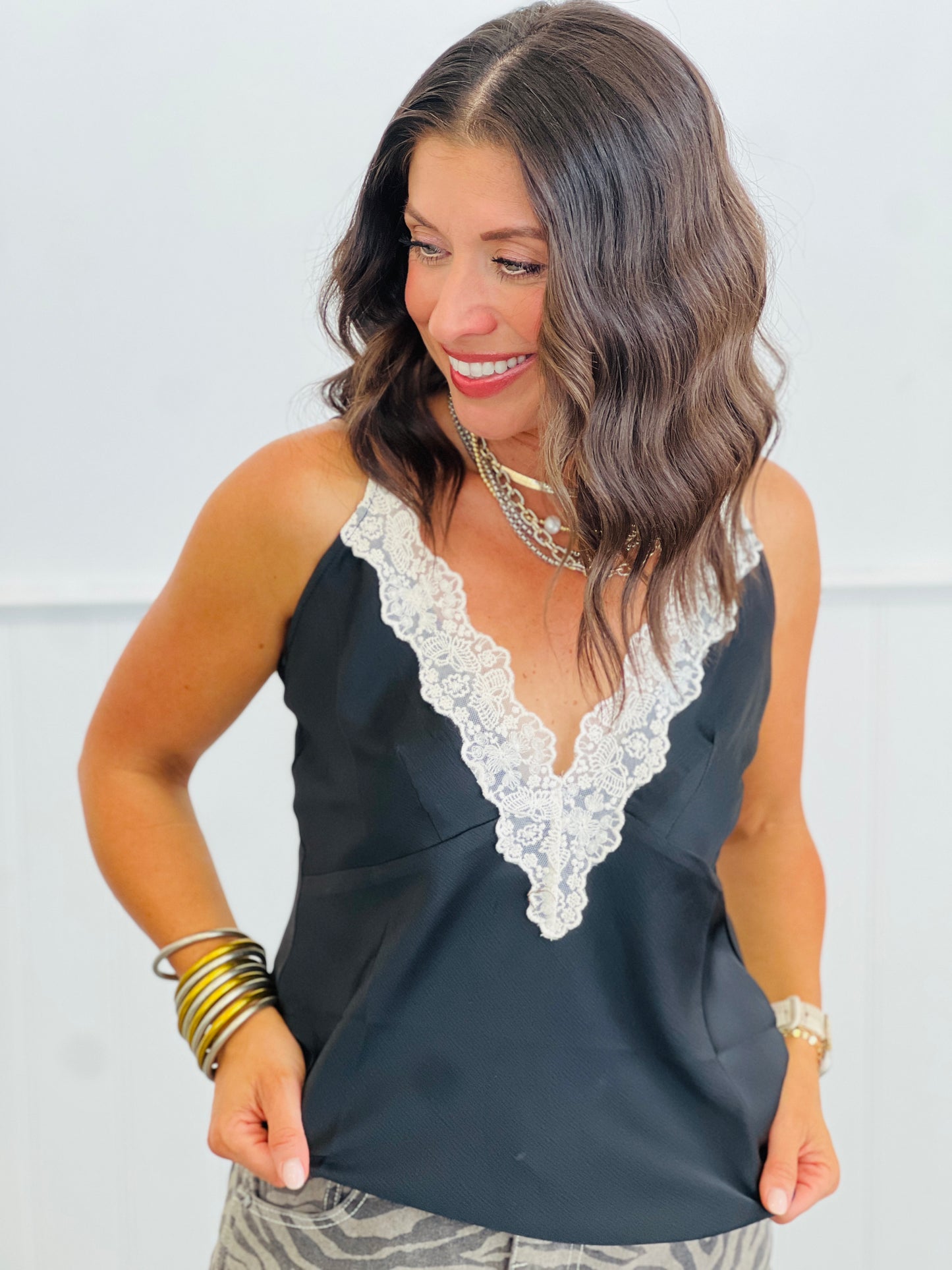 Black Satin Lace Trim Cami Top (Reg.)