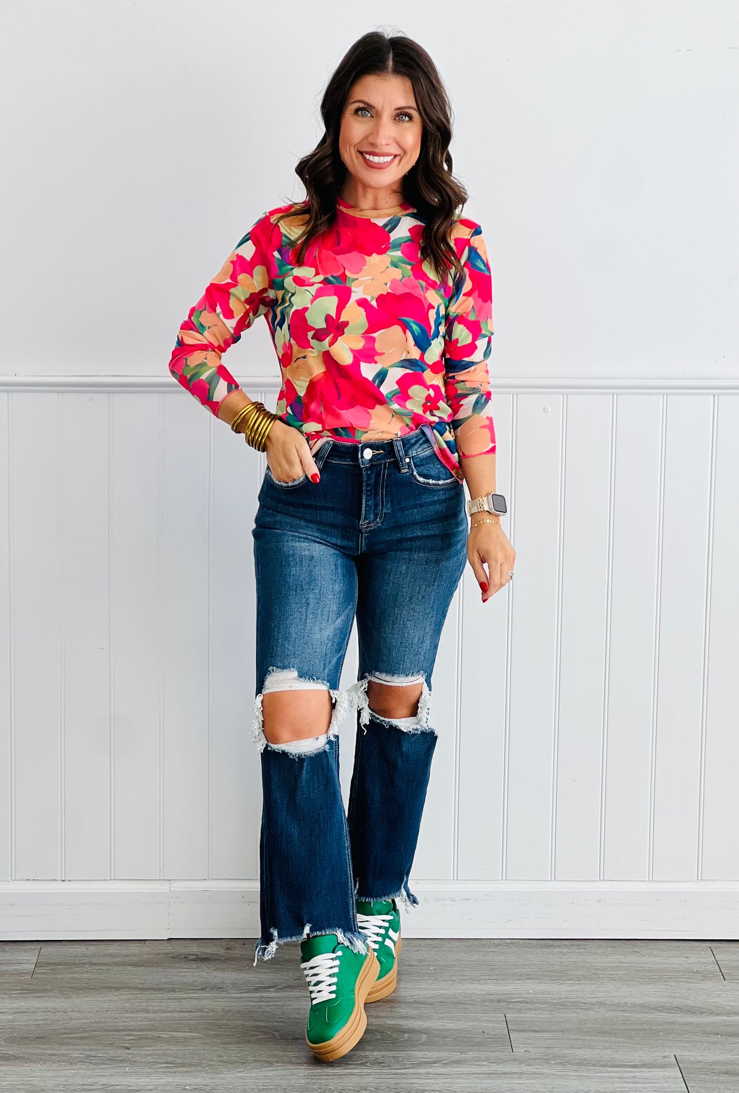Pink Floral LS Mesh Top (Reg. and Plus)