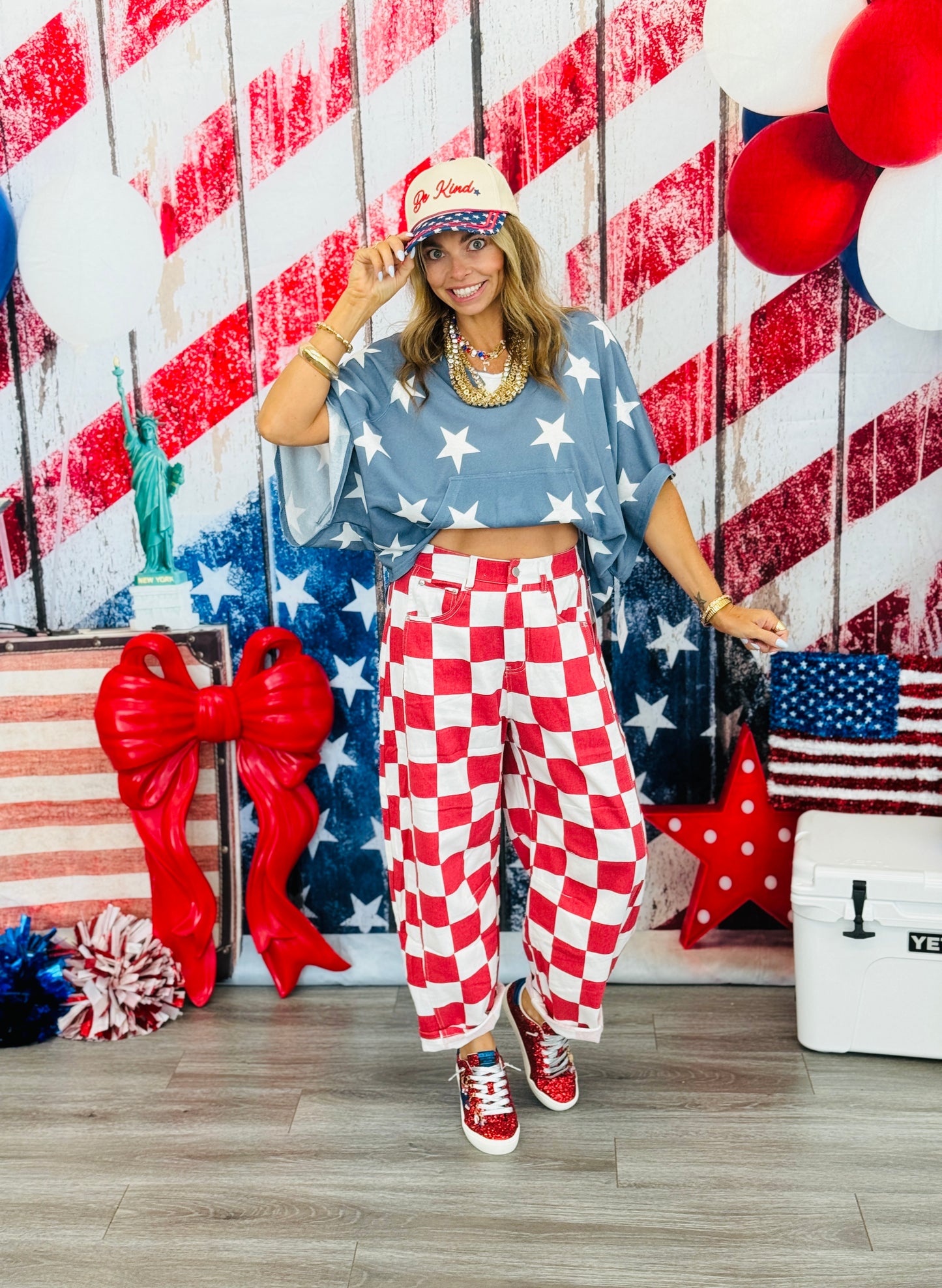 Red Checkered Print Barrel Pants (Reg. and Plus)
