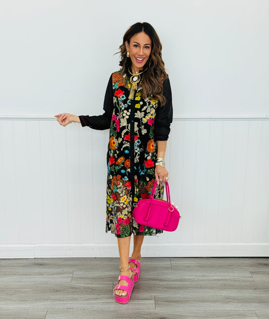 Black Floral Embroidered Button Up Duster (Reg. and Plus)