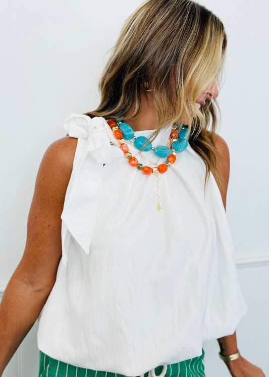 White High Neck Tie Wrap Sleeveless Blouse (Reg.)