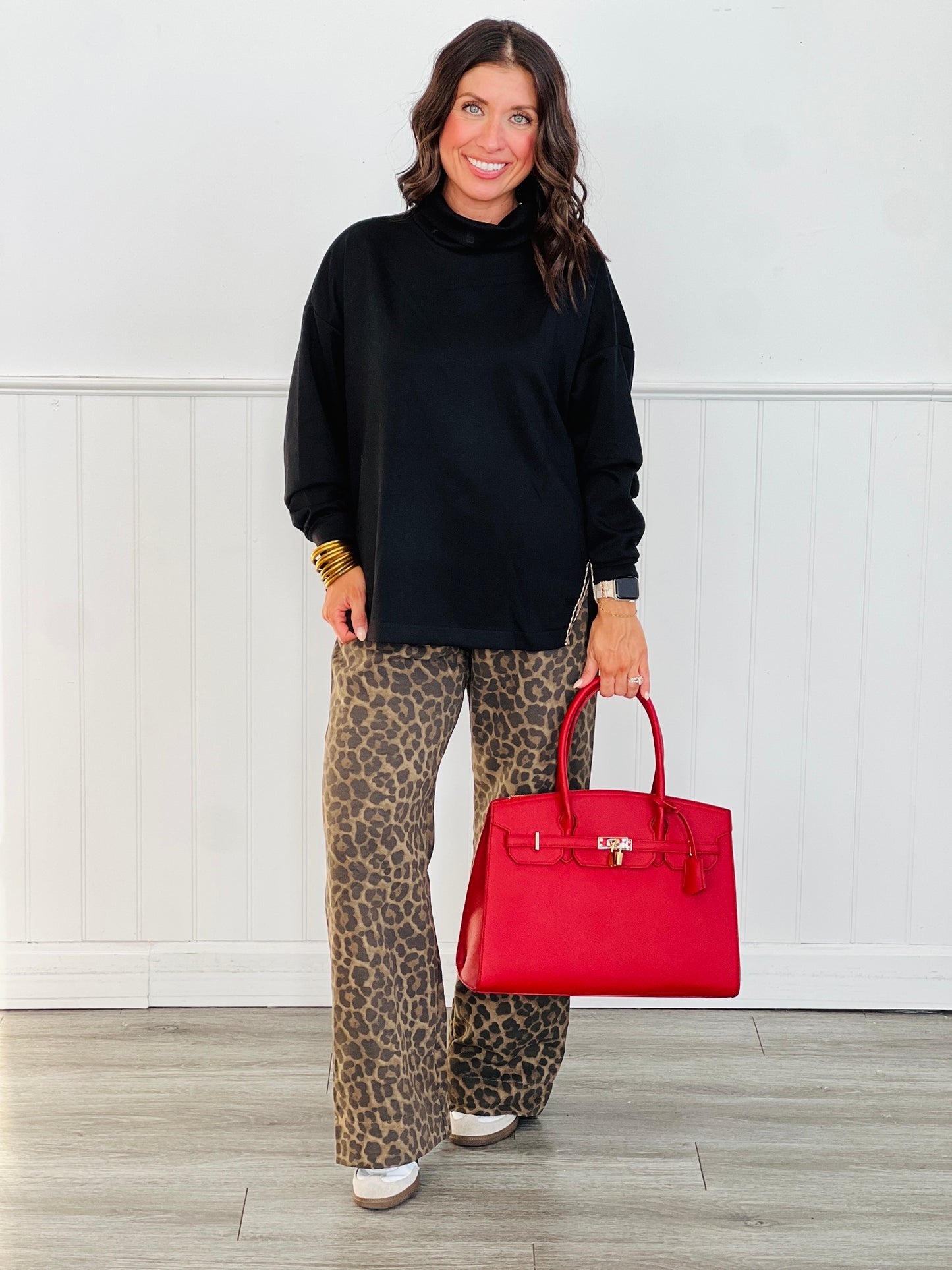 Black Leopard Side Slit Trim Top (Reg. and Plus)