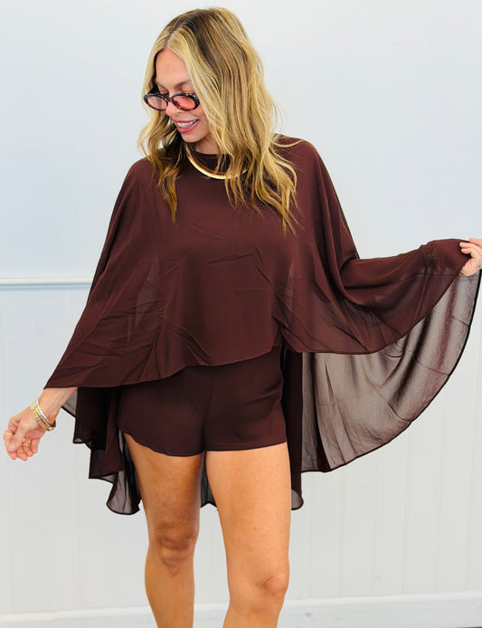 Chocolate Chiffon Cape Romper (Reg.)