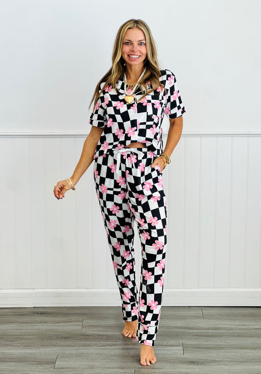 Daisy Check Button Down PJ Pant Set (Reg. & Plus)