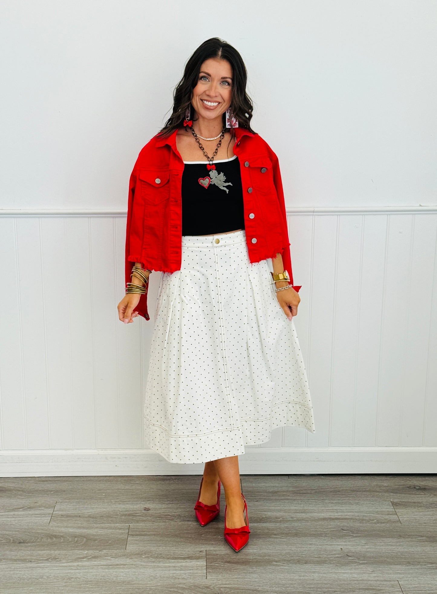 White Denim Polka Dot Pleated Midi Skirt (Reg & Plus)