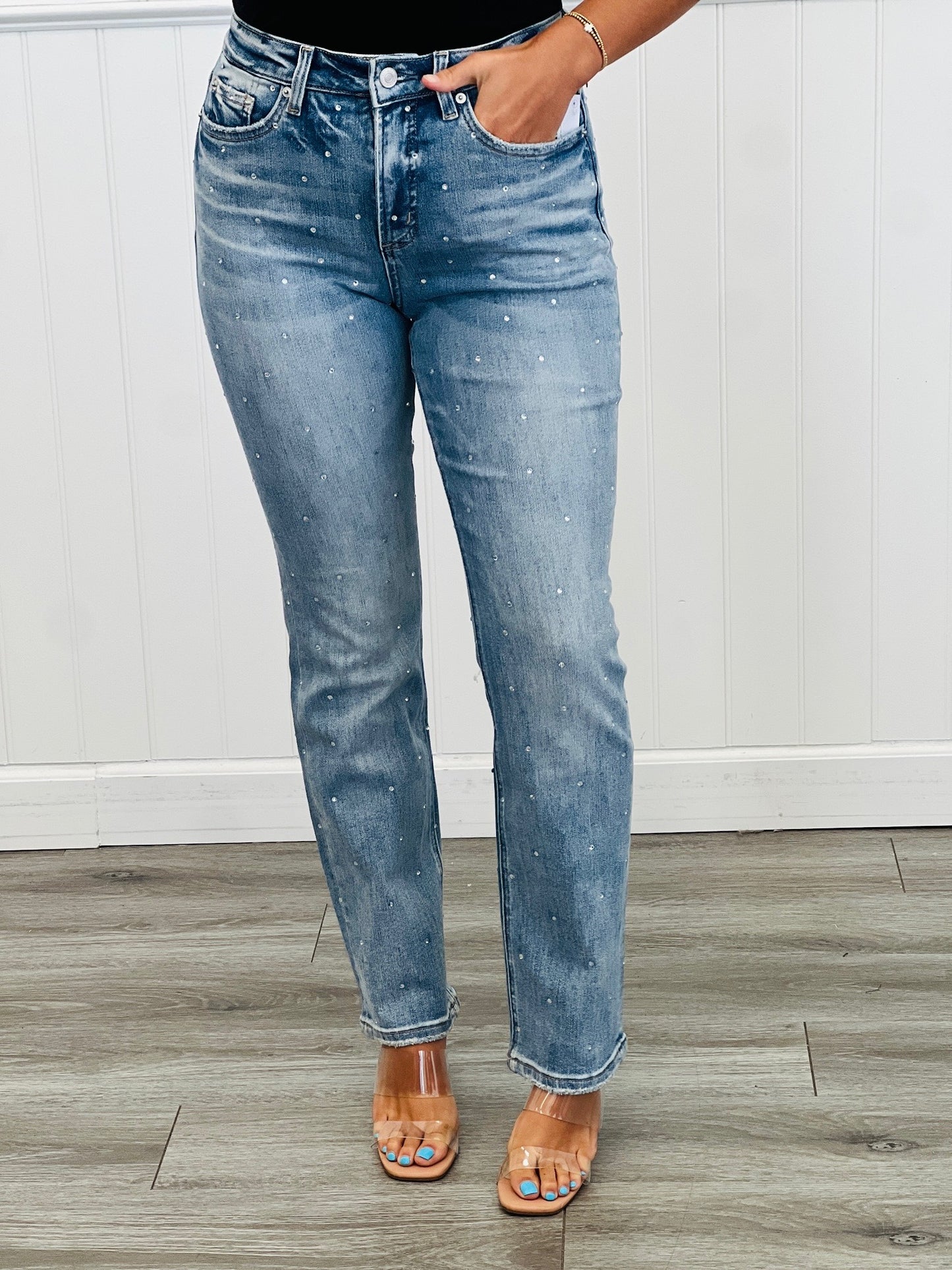 Tummy Tuck Rhinestone Studded Denim Jeans (Reg.)