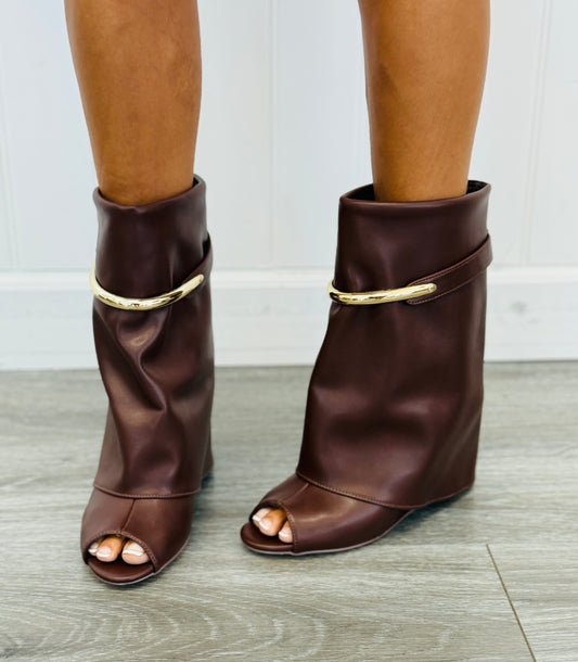 Brown Golden Accent Peep Toe Boots