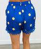Blue/Yellow Polka Dot Satin Lace Trim Shorts (Reg. and Plus)