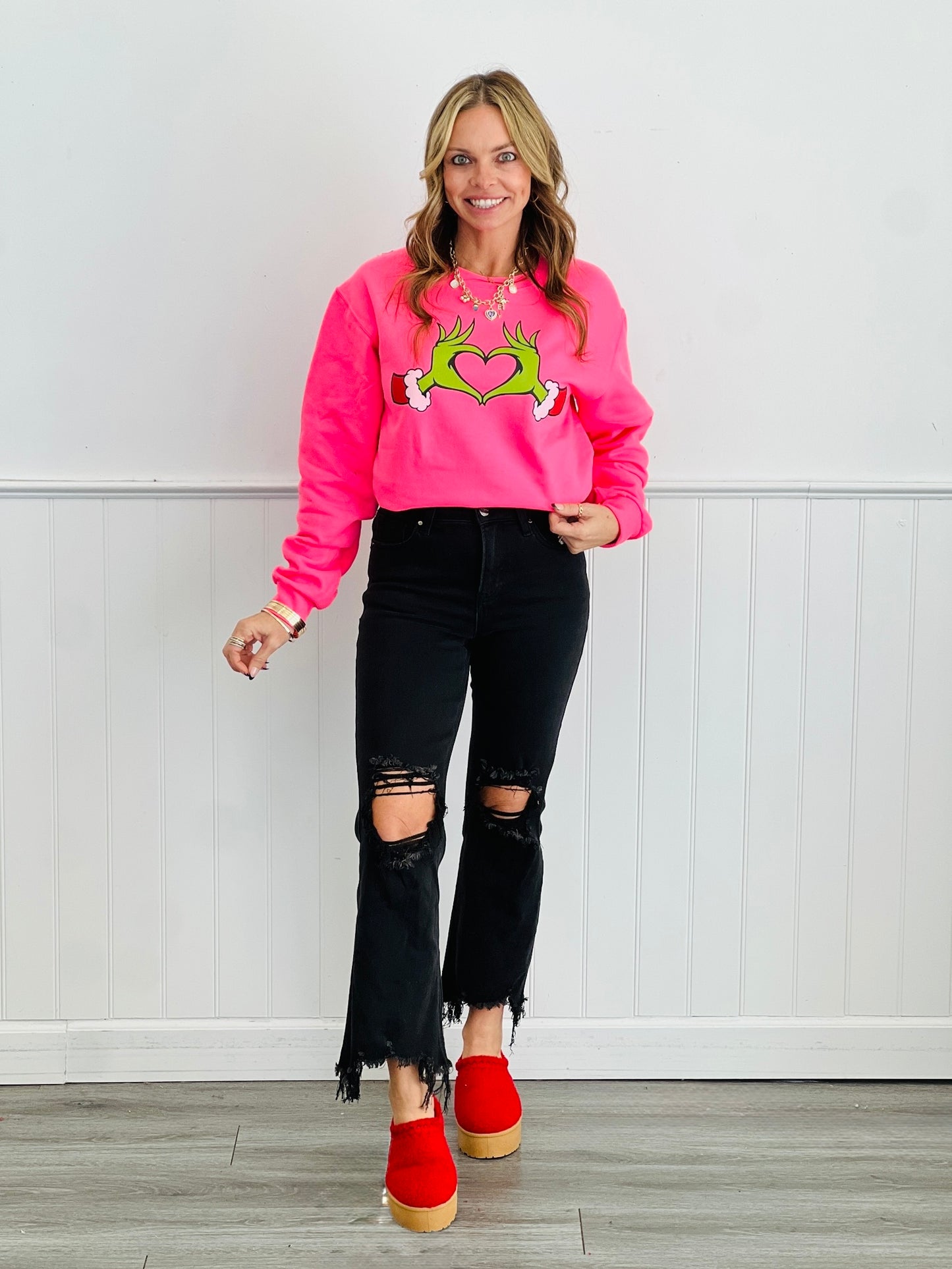 Pink Christmas Heart Hand Sweatshirt (Reg. and Plus)
