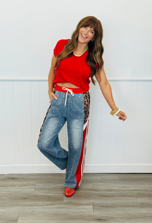 Red/ Denim Rhinestone Jogger Pants (Reg & Plus)