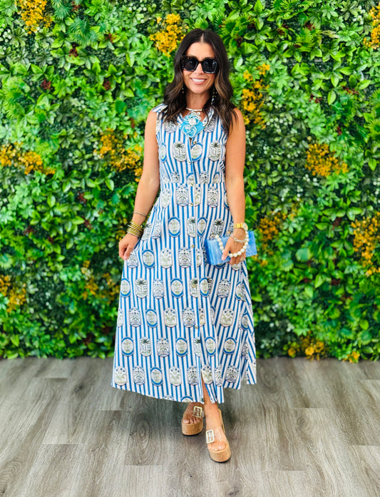 Royal Blue Printed Sleeveless Midi Dress (Reg. & Plus)