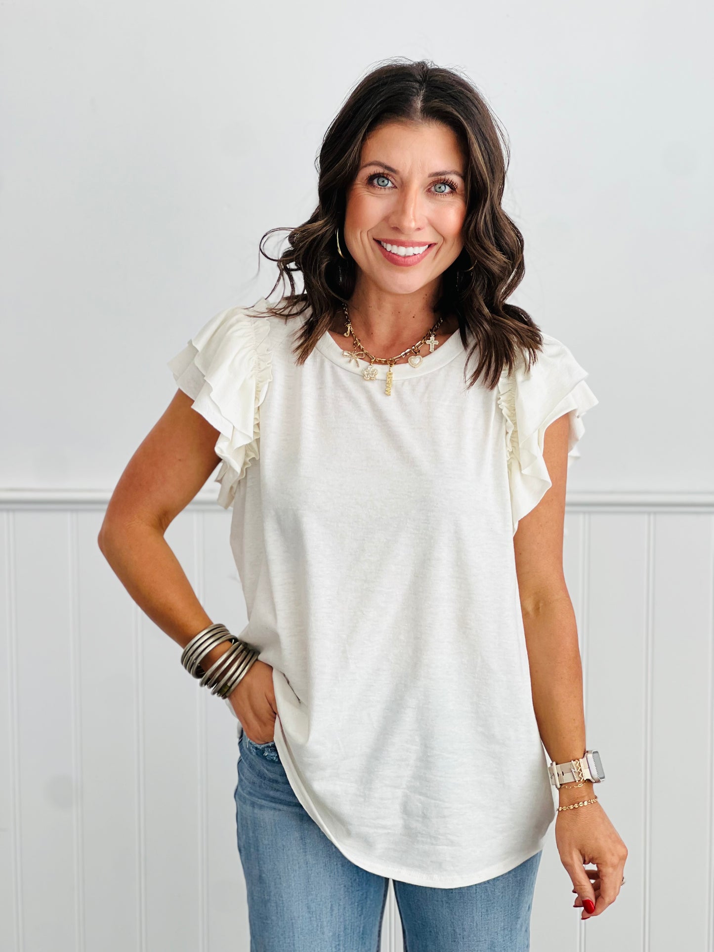 Relaxed Fit Round Neck Ruffle Sleeve Top (Reg. & Plus)- 4 Colors