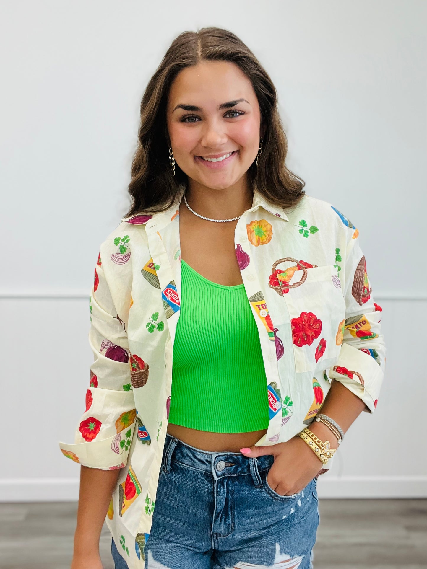 Cream Browsing The Aisles Button Down Top (Reg.)