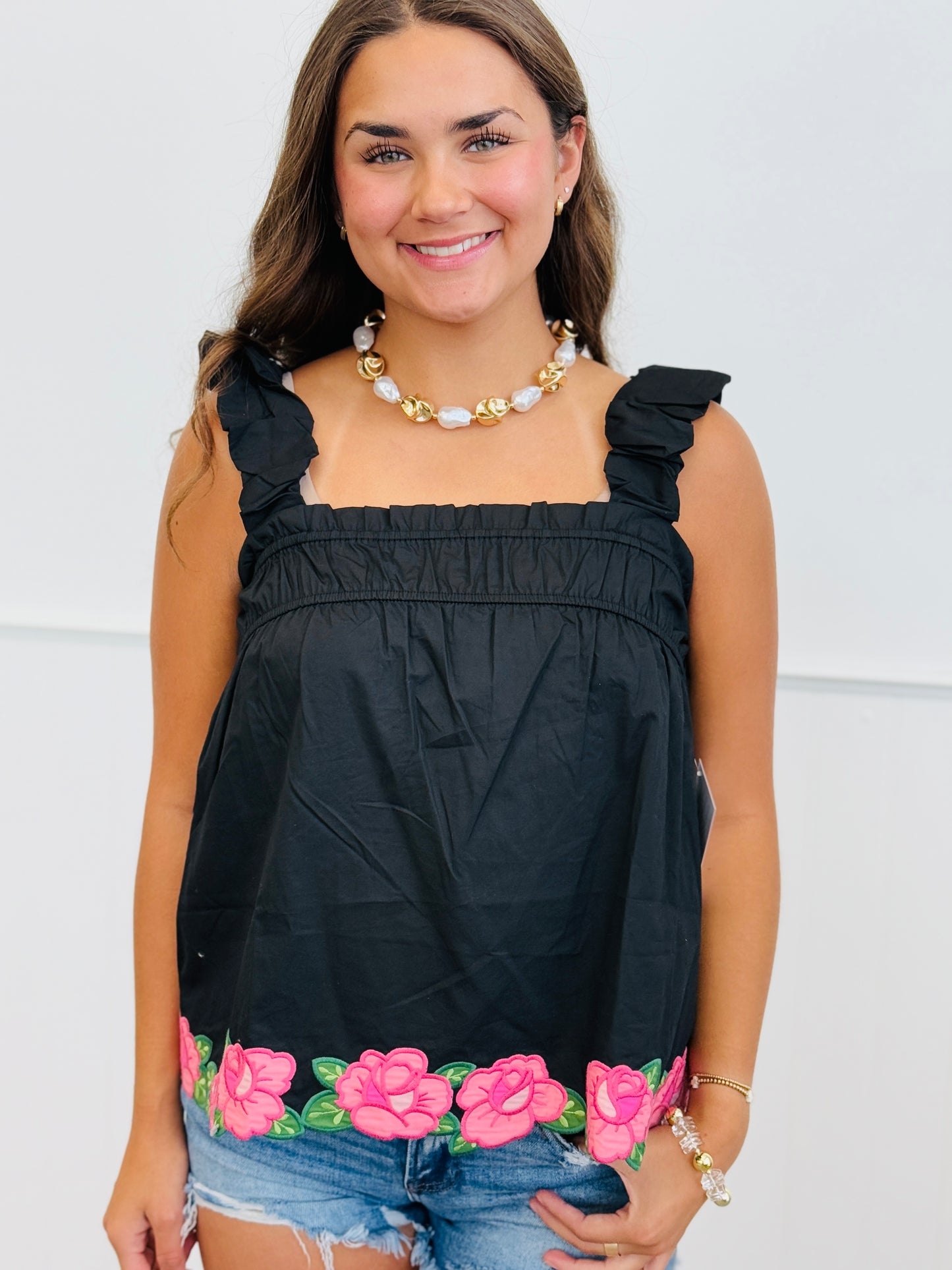 Flower Embroidered Poplin Blouse (Reg. and Plus) - 2 Colors