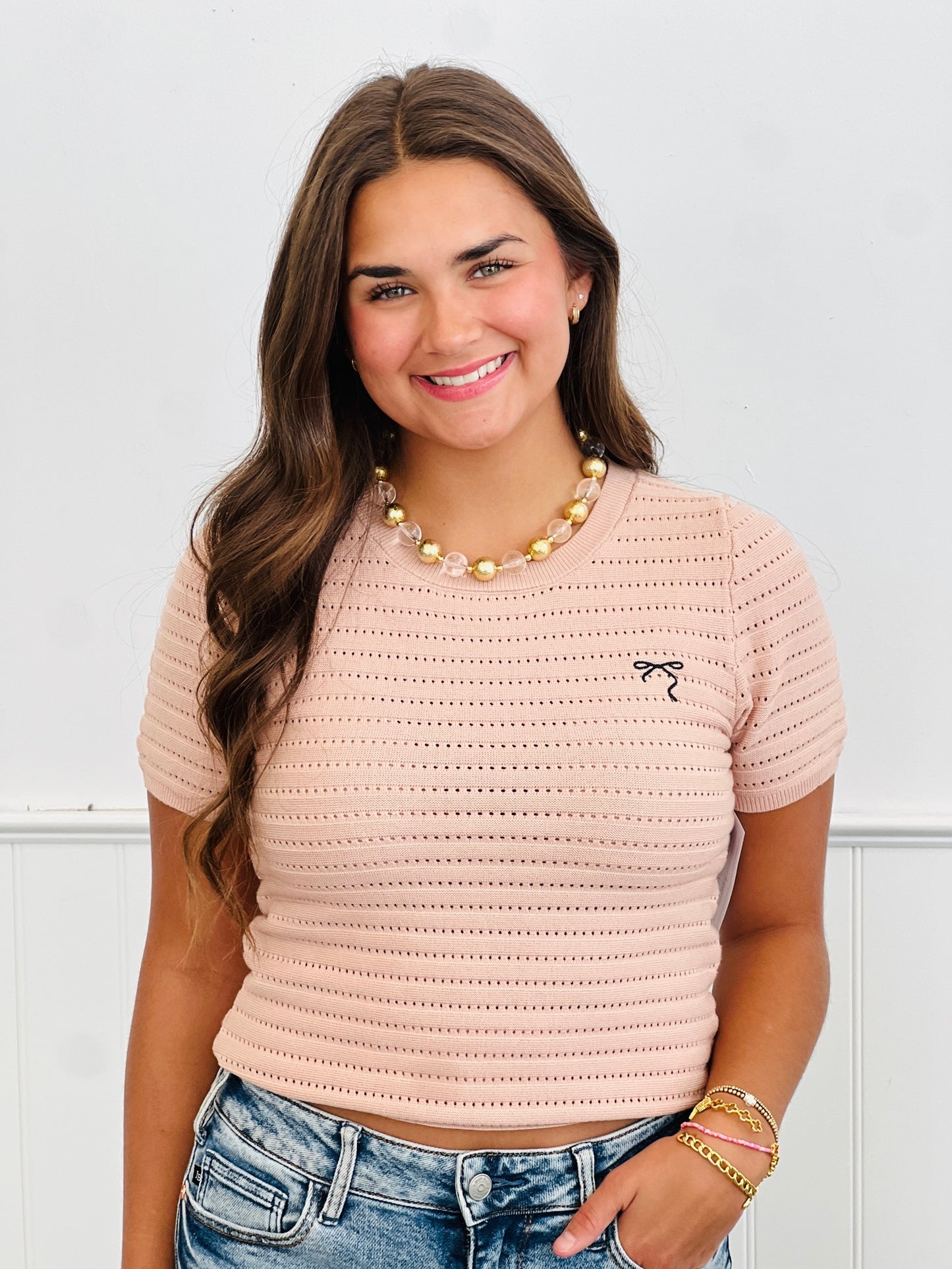 Pointelle Knit Embroidered Bow Top (Reg.)-2 Colors